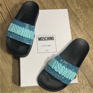 Moschino Blue and Black Slide Sandals